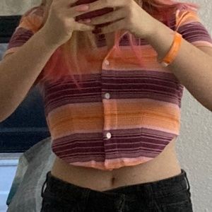 Pink and Orange Stripped Button up U Cut Crop Top